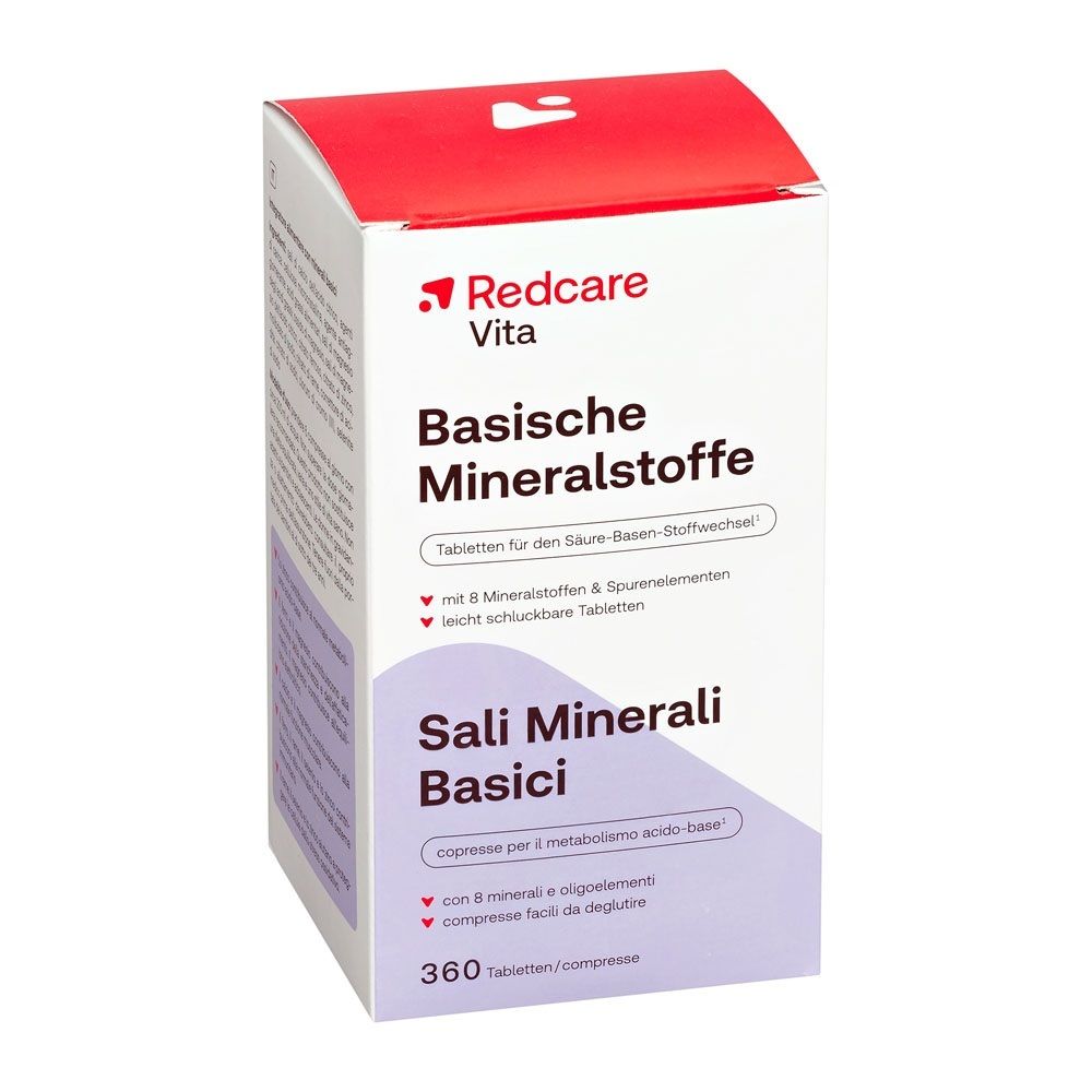 Verpackung Redcare Vita Basische Mineralstoffe, leicht schräg von vorne, mit 360 Tabletten.