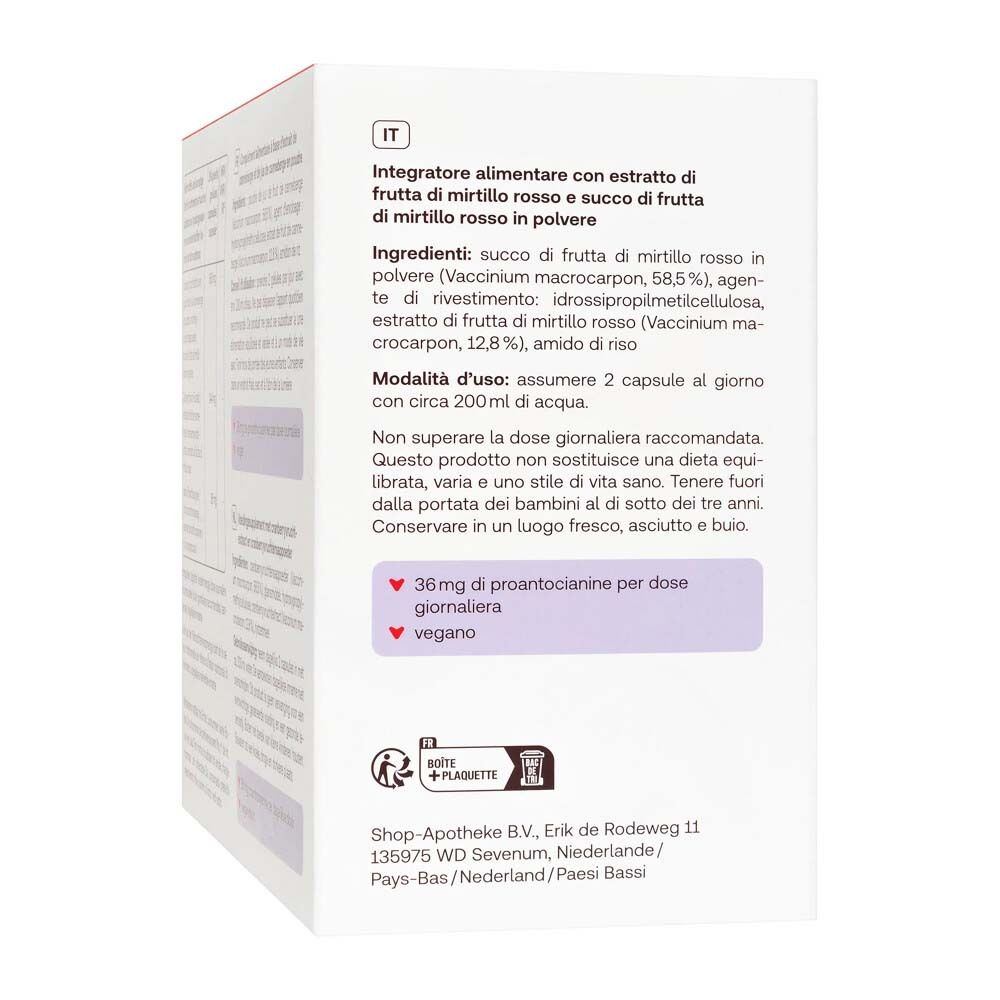 Rückseite der Verpackung Redcare Vita Cranberry. Informationen zu Inhaltsstoffen und Anwendung.