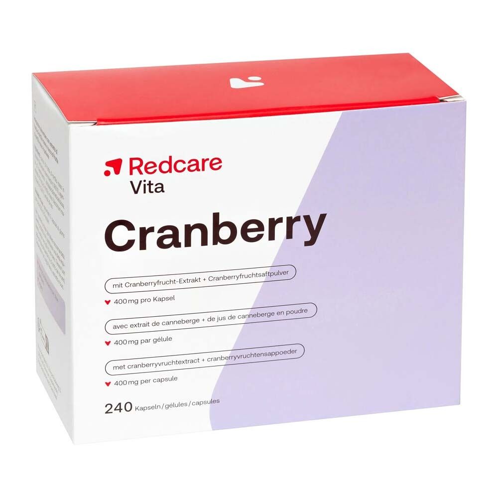 Verpackung Redcare Vita Cranberry. Vorderseite mit Produktnamen und Logo.