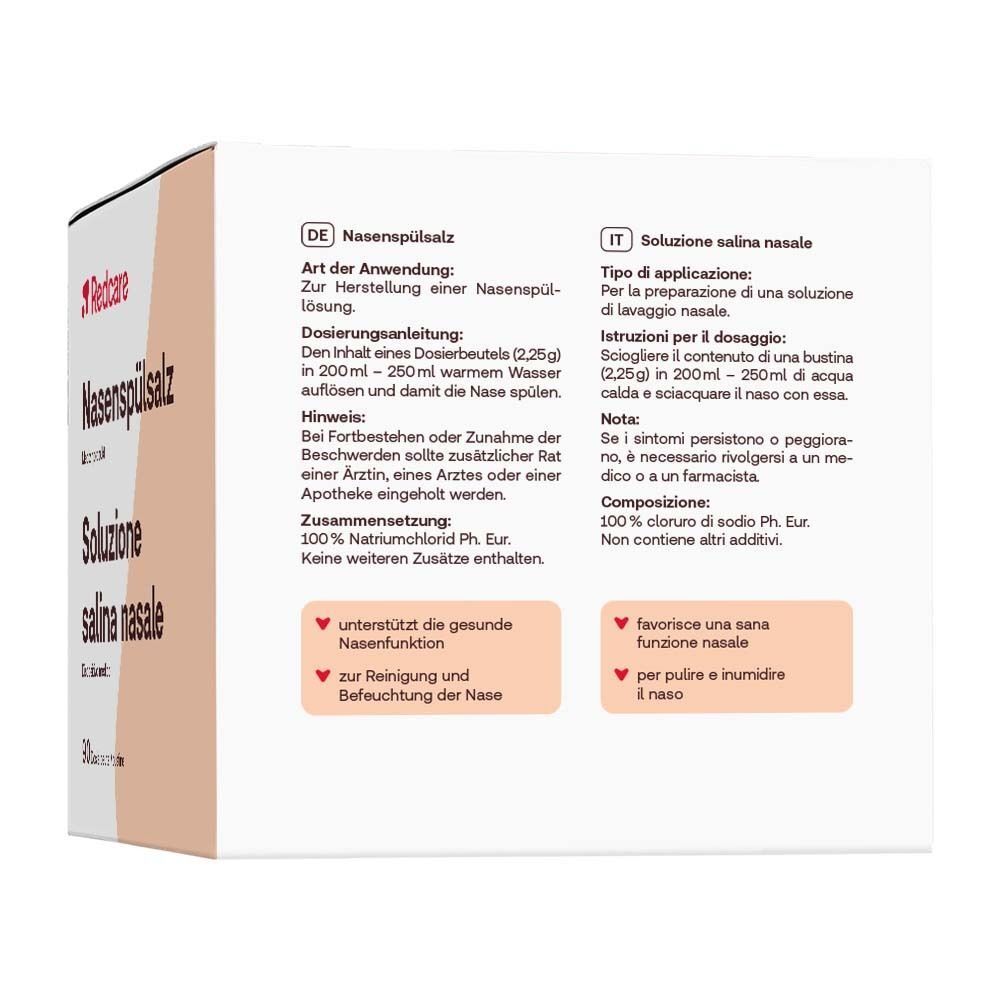 Rückseite einer Packung Redcare Nasenspülsalz mit Anwendungshinweisen und Zusammensetzung.
