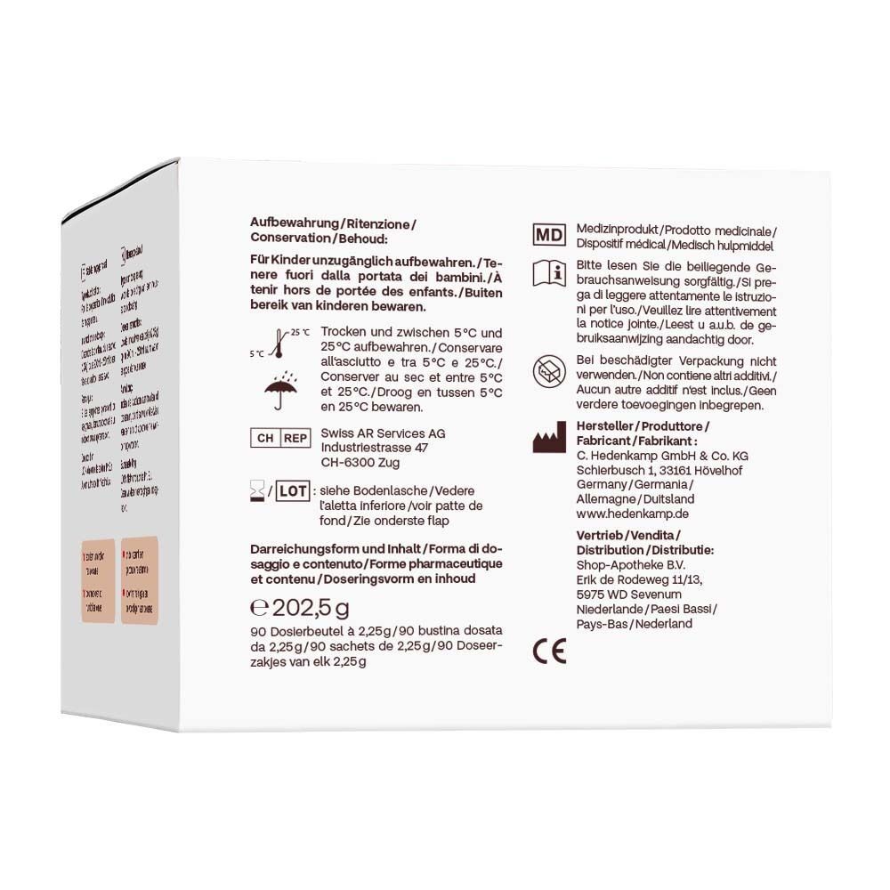 Seitenansicht einer Packung Redcare Nasenspülsalz mit Lagerungshinweisen und Herstellerangaben.
