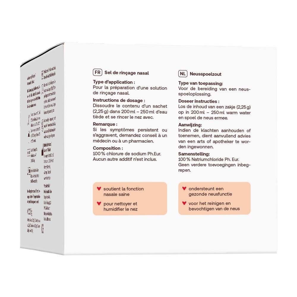 Rückseite einer Packung Redcare Nasenspülsalz mit Anwendungshinweisen in vier Sprachen.