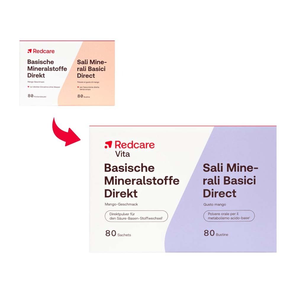 Verpackung Redcare Basische Mineralstoffe Direkt. Aufdruck: Mango-Geschmack, 80 Sachets. Pfeil zeigt auf eine Packung.
