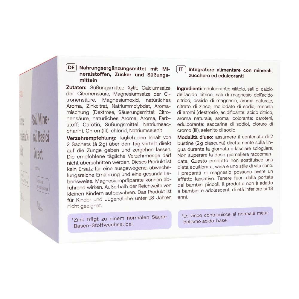 Rückseite der Verpackung Redcare Basische Mineralstoffe Direkt. Text in Deutsch und Italienisch.