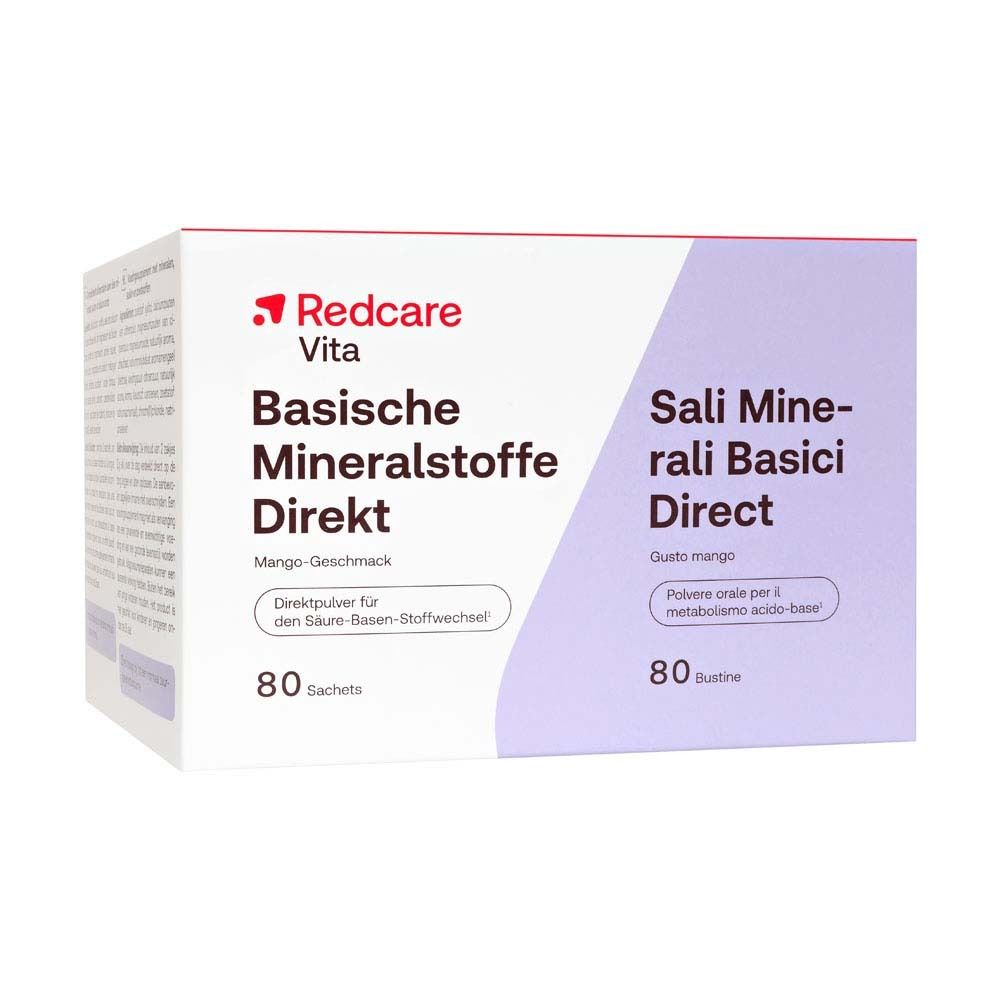 Packung Redcare Basische Mineralstoffe Direkt. Aufdruck: Mango-Geschmack, 80 Sachets.
