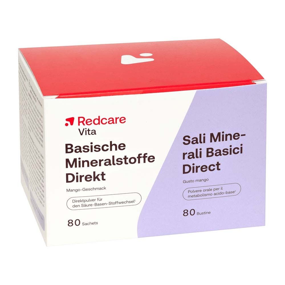 Packung Redcare Basische Mineralstoffe Direkt. Aufdruck: Mango-Geschmack, 80 Sachets.