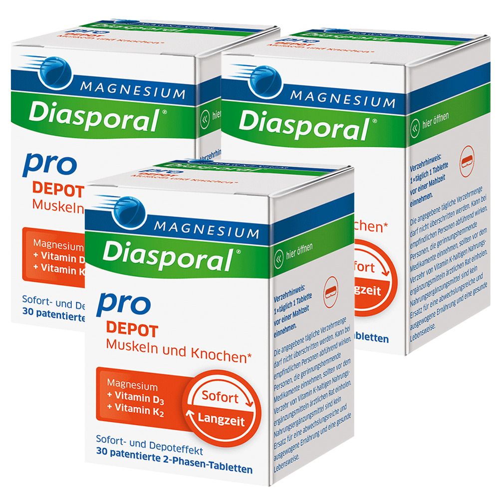 Drei Schachteln Magnesium-Diasporal pro DEPOT Muskeln und Knochen. Weiße Verpackung mit grünen und roten Akzenten. Schriftzug: Magnesium Diasporal.