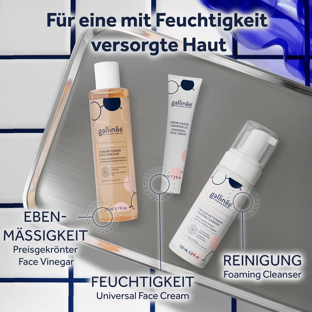 Drei Gallinée Kosmetikprodukte: Face Vinegar, Universal Face Cream und Foaming Cleanser.