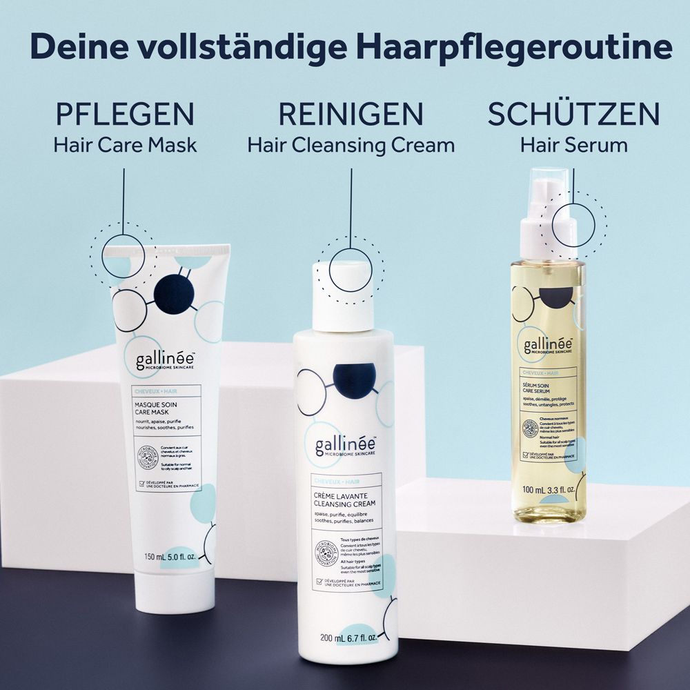 Drei Gallinée Haarpflegeprodukte: Haarmaske (100 ml), Reinigungscrème (200 ml) und Haarserum (100 ml) mit Beschriftungen.