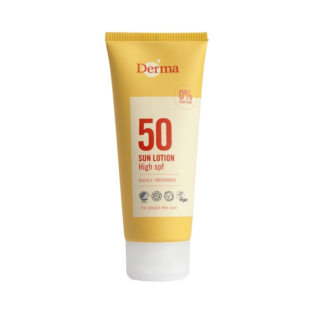 Gelbe Tube mit "Derma"-Logo und "50 Sun Lotion High SPF"-Aufdruck. Enthält das Logo "0% Perfume".