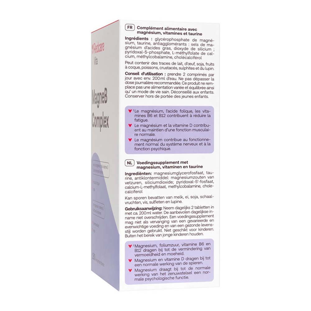Rückseite der Schachtel mit Redcare Vita MagneB Complex. Enthält Informationen zu Inhaltsstoffen und Dosierung in verschiedenen Sprachen.