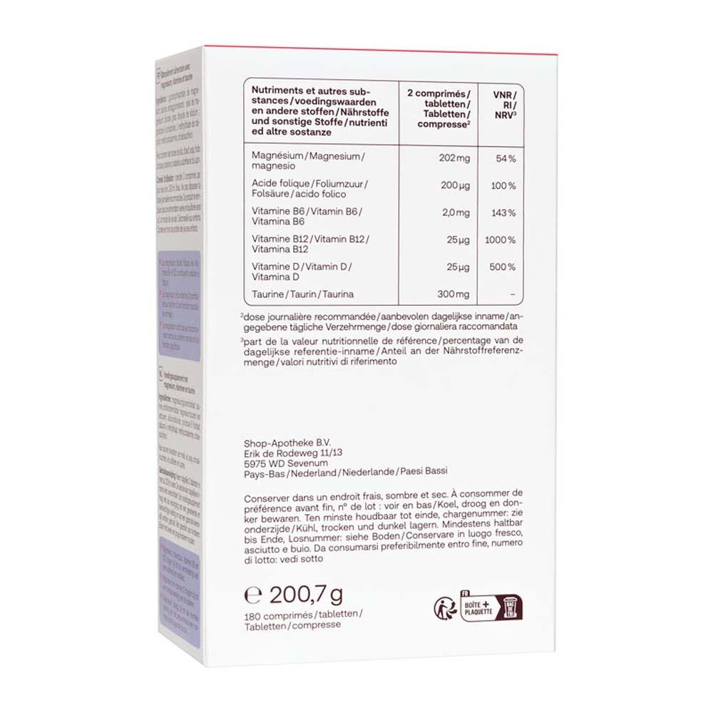 Seitenansicht der Schachtel mit Redcare Vita MagneB Complex. Enthält Informationen zu Inhaltsstoffen und Dosierung.