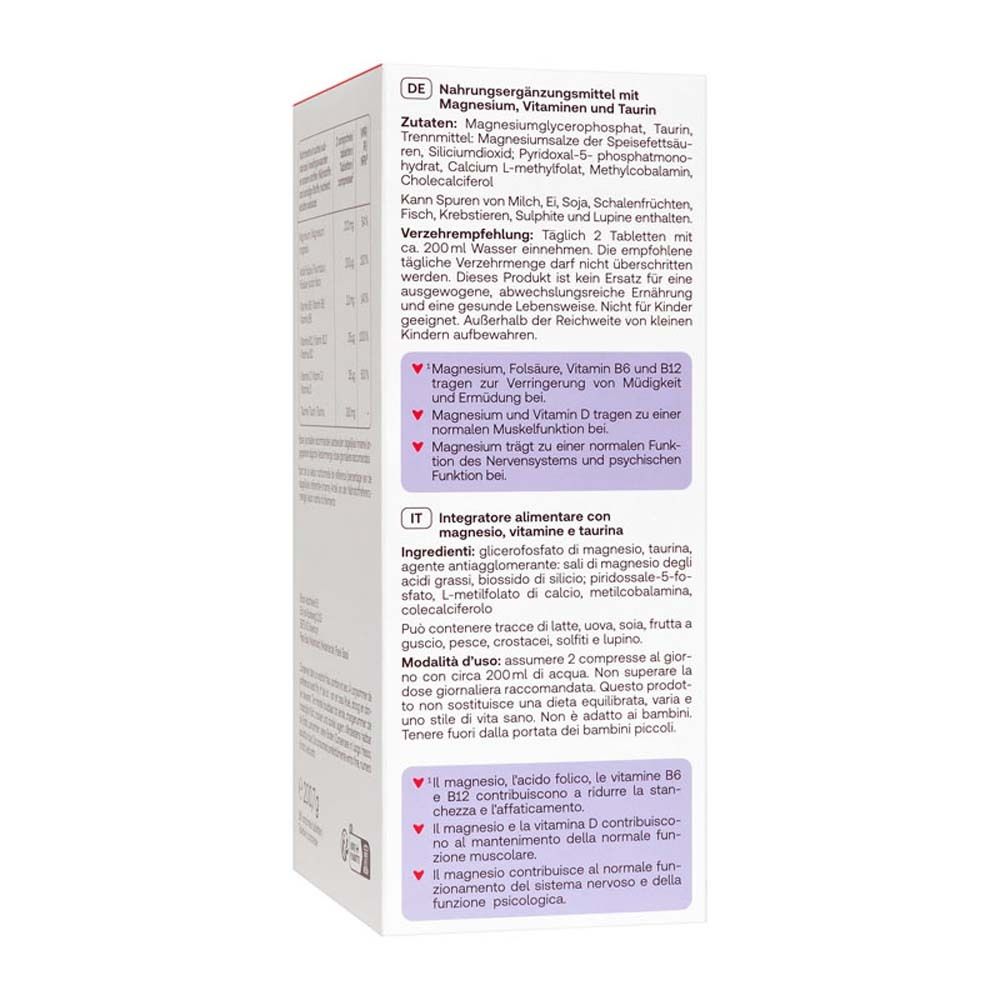 Seitenansicht der Schachtel mit Redcare Vita MagneB Complex. Enthält Informationen zu Inhaltsstoffen und Dosierung in verschiedenen Sprachen.