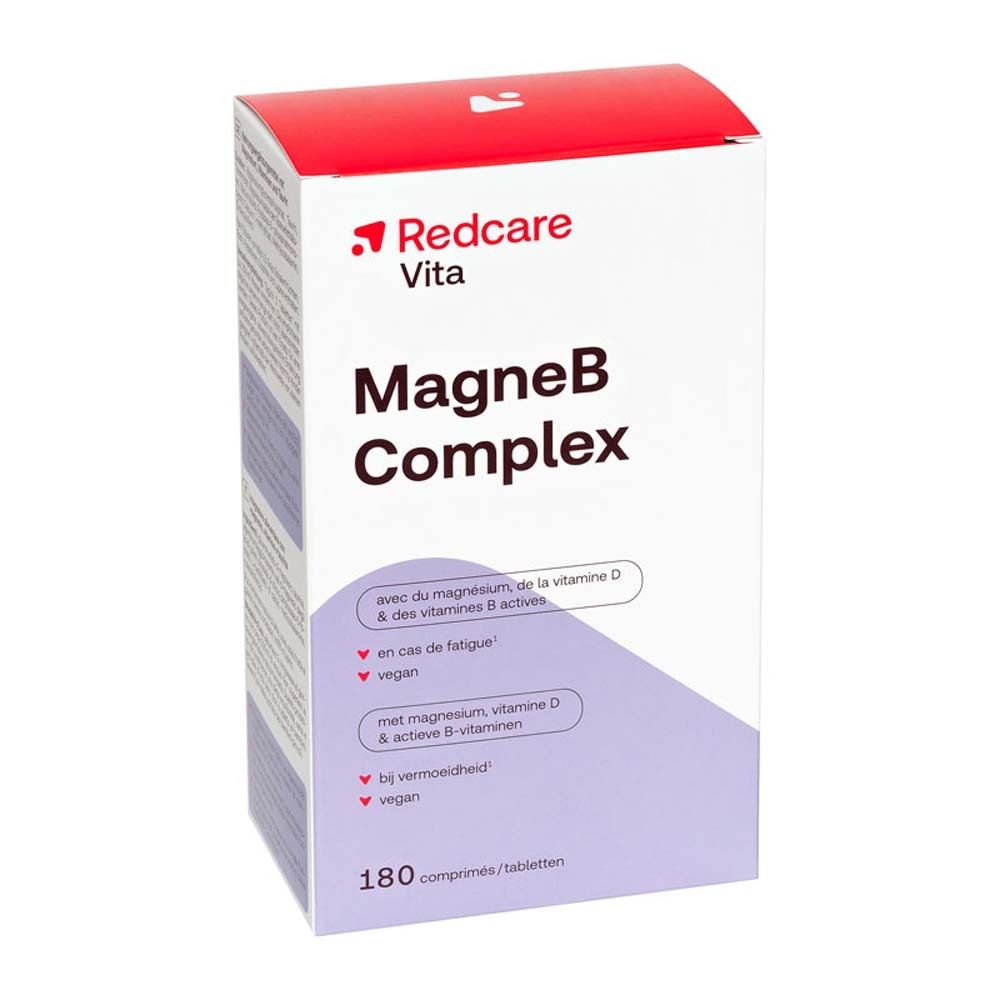 Schachtel mit Redcare Vita MagneB Complex. Enthält 180 Tabletten. Aufschrift: mit Magnesium, Vitamin D & aktiven B-Vitaminen.