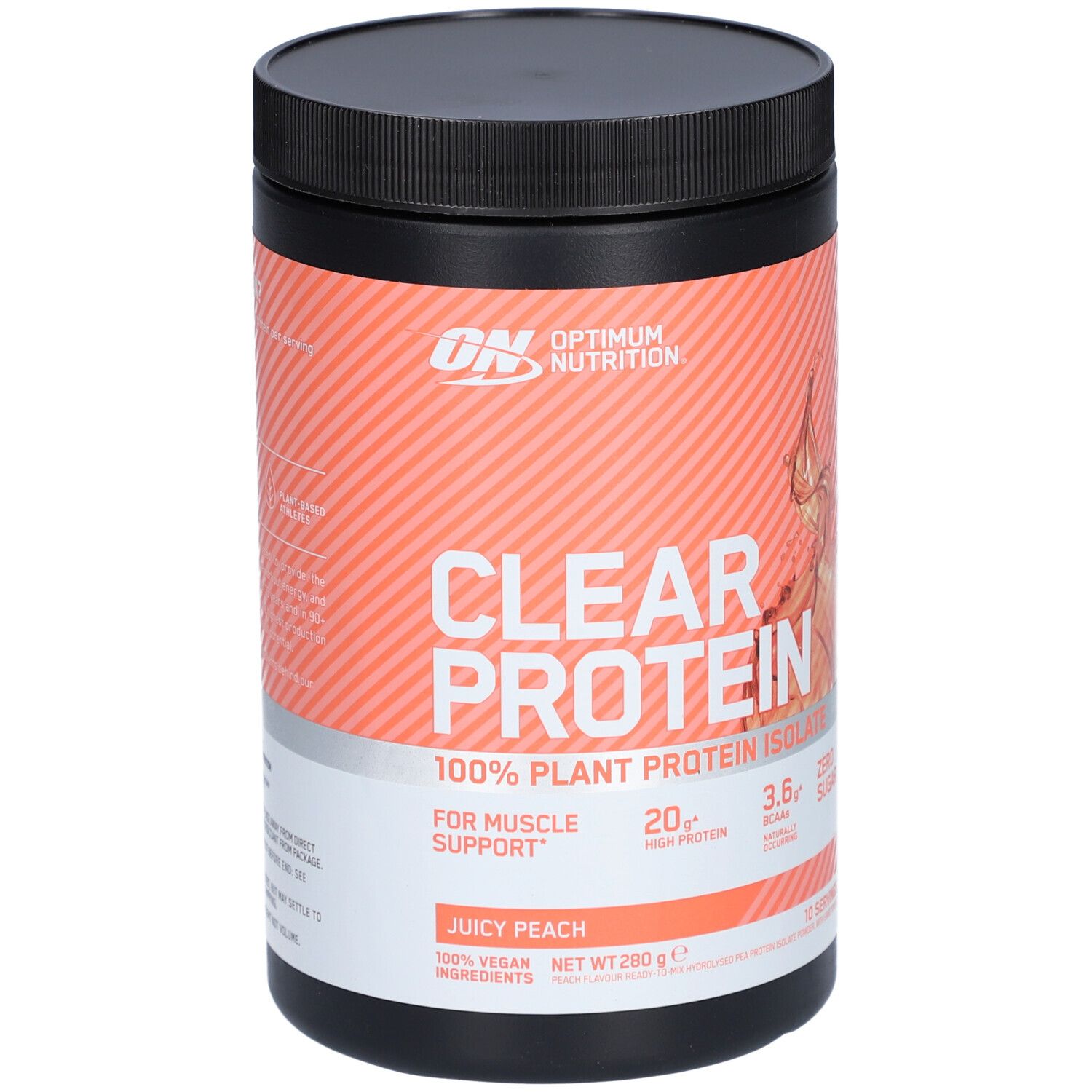 Schwarzer Behälter mit Aufschrift CLEAR PROTEIN. Produktname: Juicy Peach. Marke: Optimum Nutrition.