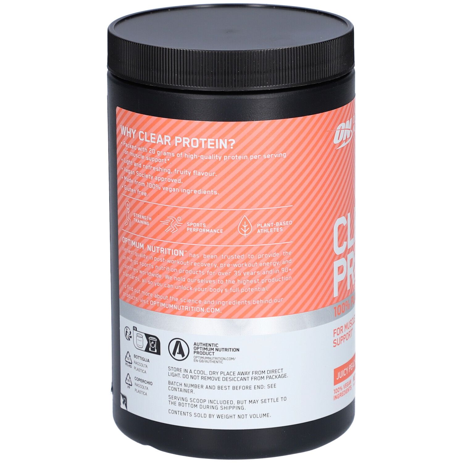 Rückseite des schwarzen Behälters. Text: Warum CLEAR PROTEIN? Informationen zu Inhaltsstoffen und Nährwerten.