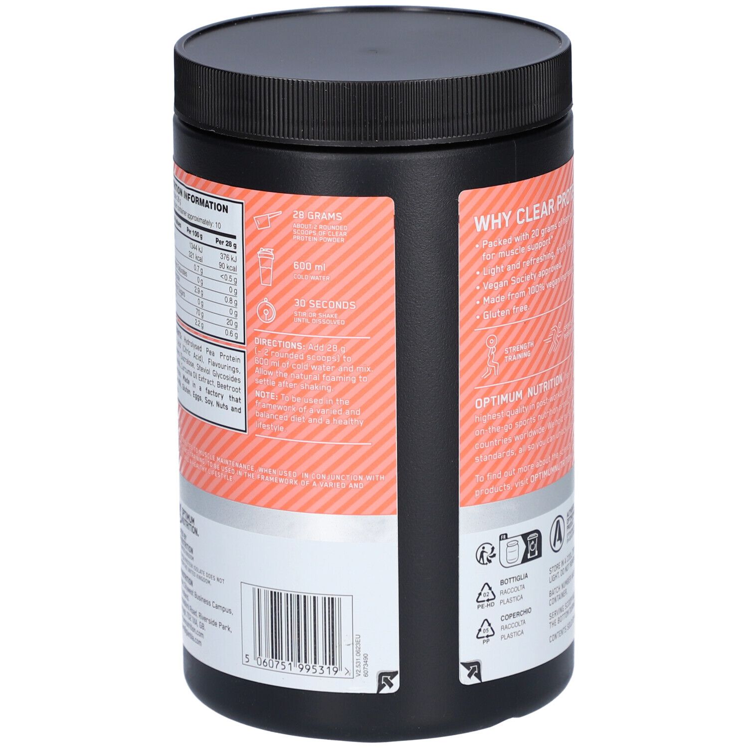 Schwarzer Behälter, Seitenansicht. Text: Nährwertangaben, Zubereitungshinweise. Barcode.