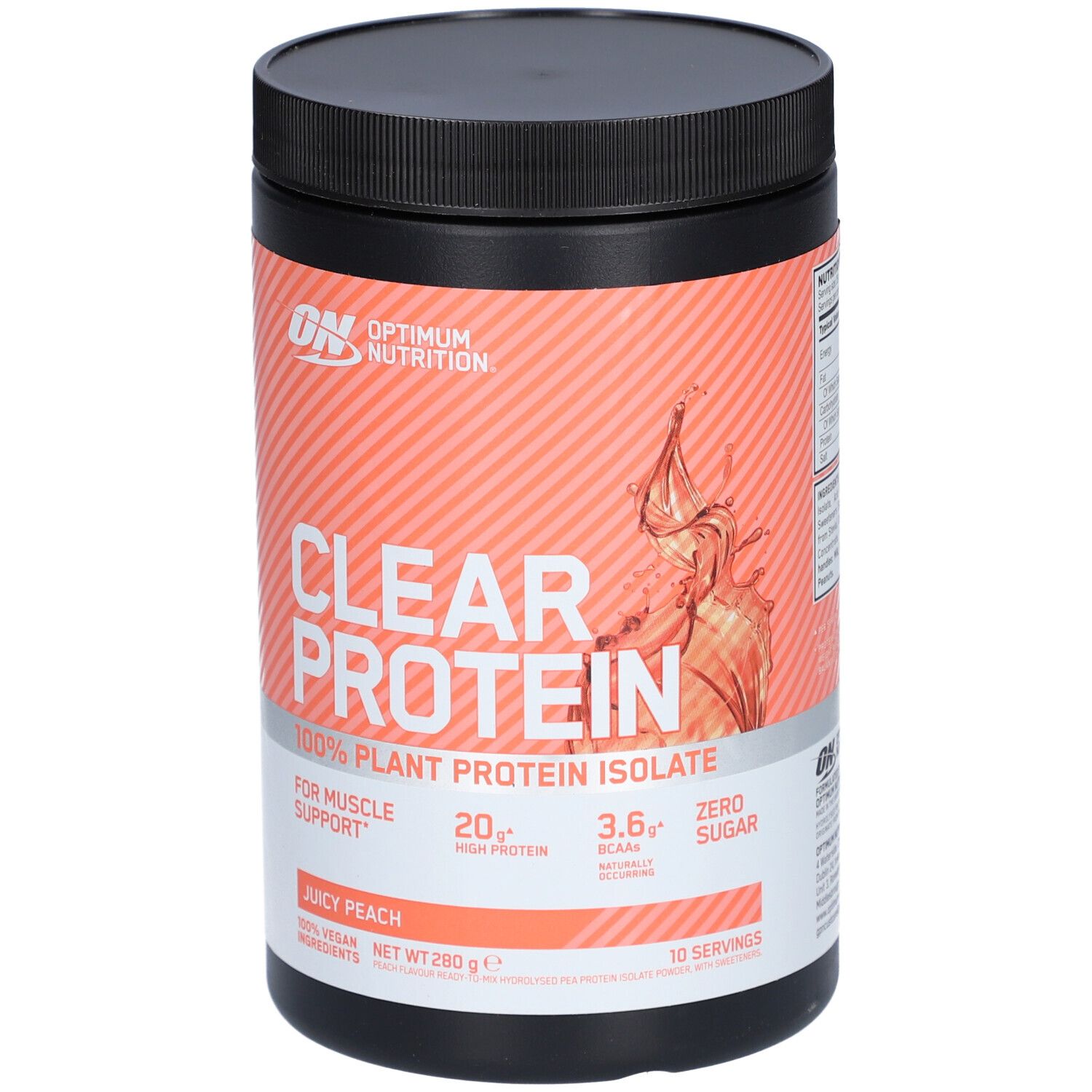 Schwarzer Behälter mit Aufschrift CLEAR PROTEIN. Produktname: Juicy Peach. Marke: Optimum Nutrition.