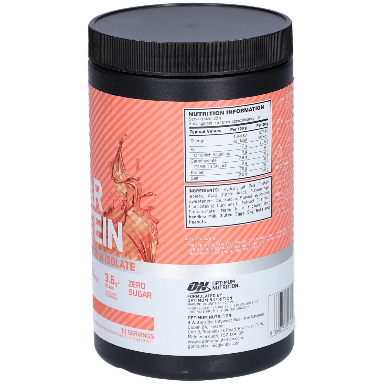 Schwarzer Behälter, Rückseite. Text: Nährwertangaben, Inhaltsstoffe. Marke: Optimum Nutrition.