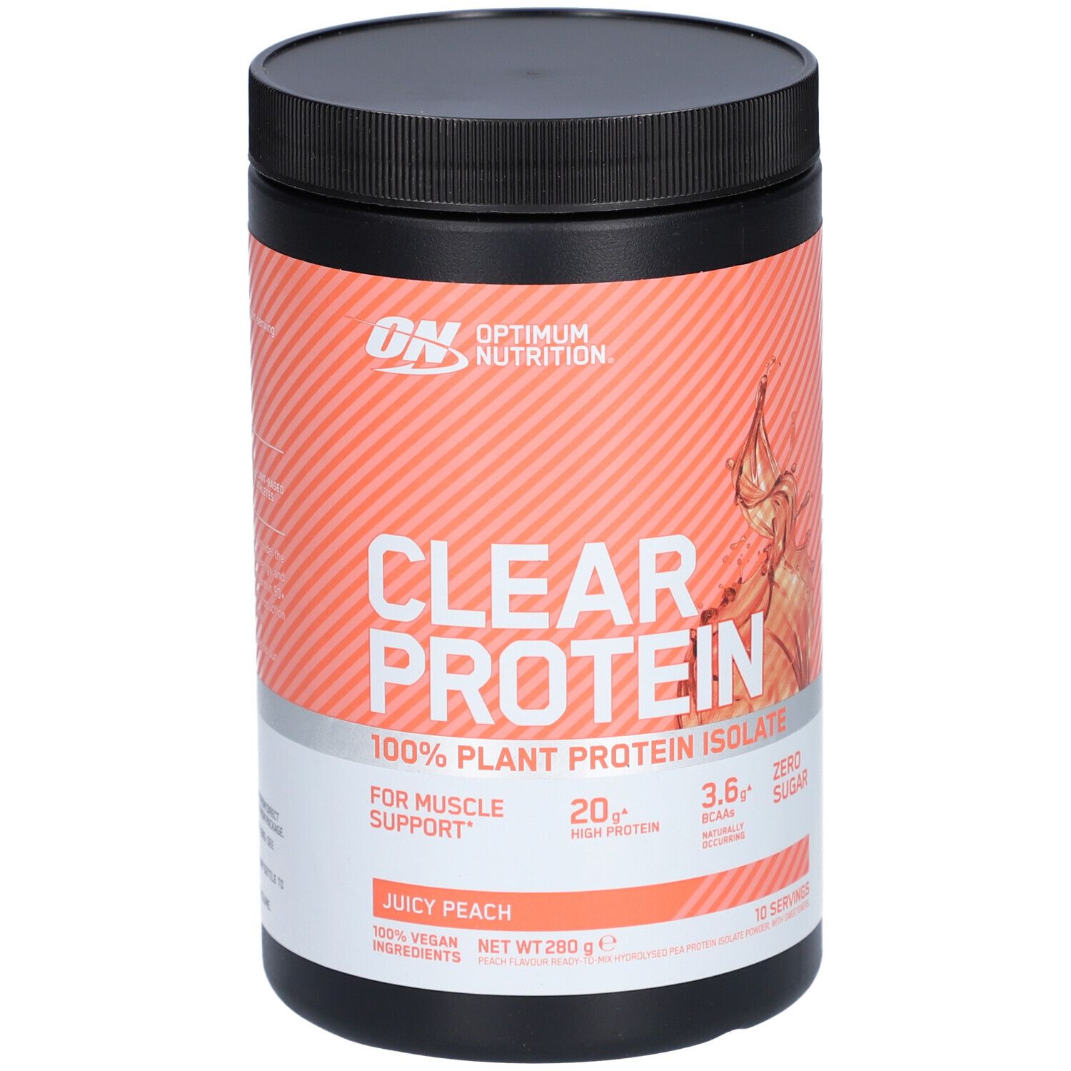 Schwarzer Behälter mit Aufschrift CLEAR PROTEIN. Produktname: Juicy Peach. Marke: Optimum Nutrition.