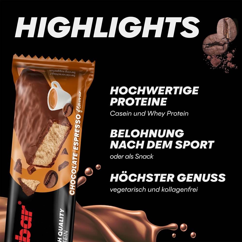 Ausschnitt eines Powerbar Protein+ Riegels. Text: Hochwertige Proteine, Belohnung nach dem Sport, Höchster Genuss.
