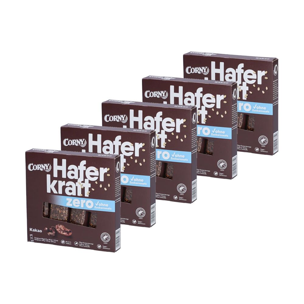 Fünf Schachteln CORNY Haferkraft zero Kakao. Braune Verpackung mit Produktnamen und Logo. Sichtbare Riegel im Fenster.