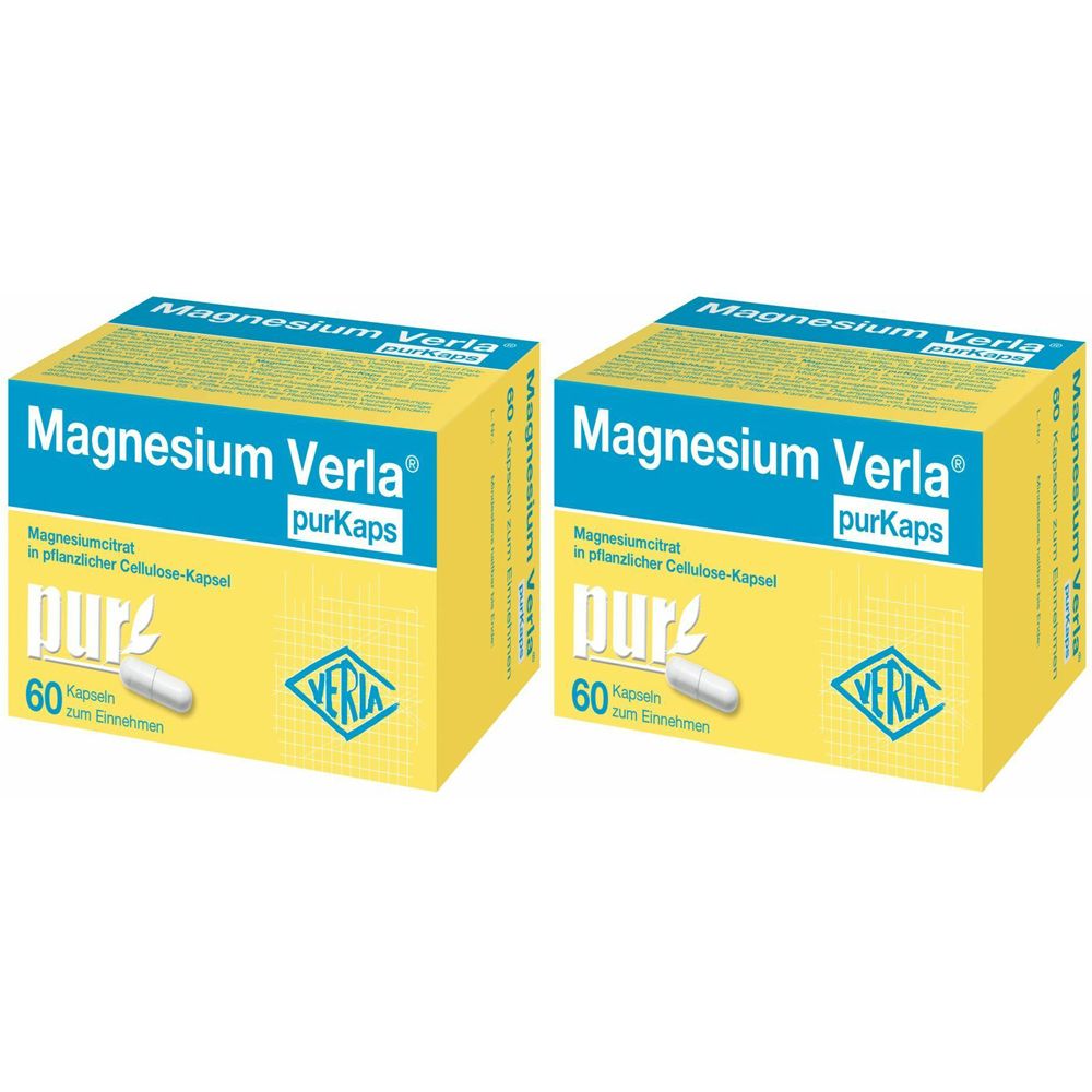 Zwei Schachteln Magnesium Verla purKaps. Gelbe Verpackung mit blauer und weißer Schrift. Enthält 60 Kapseln. Logo: VERA.