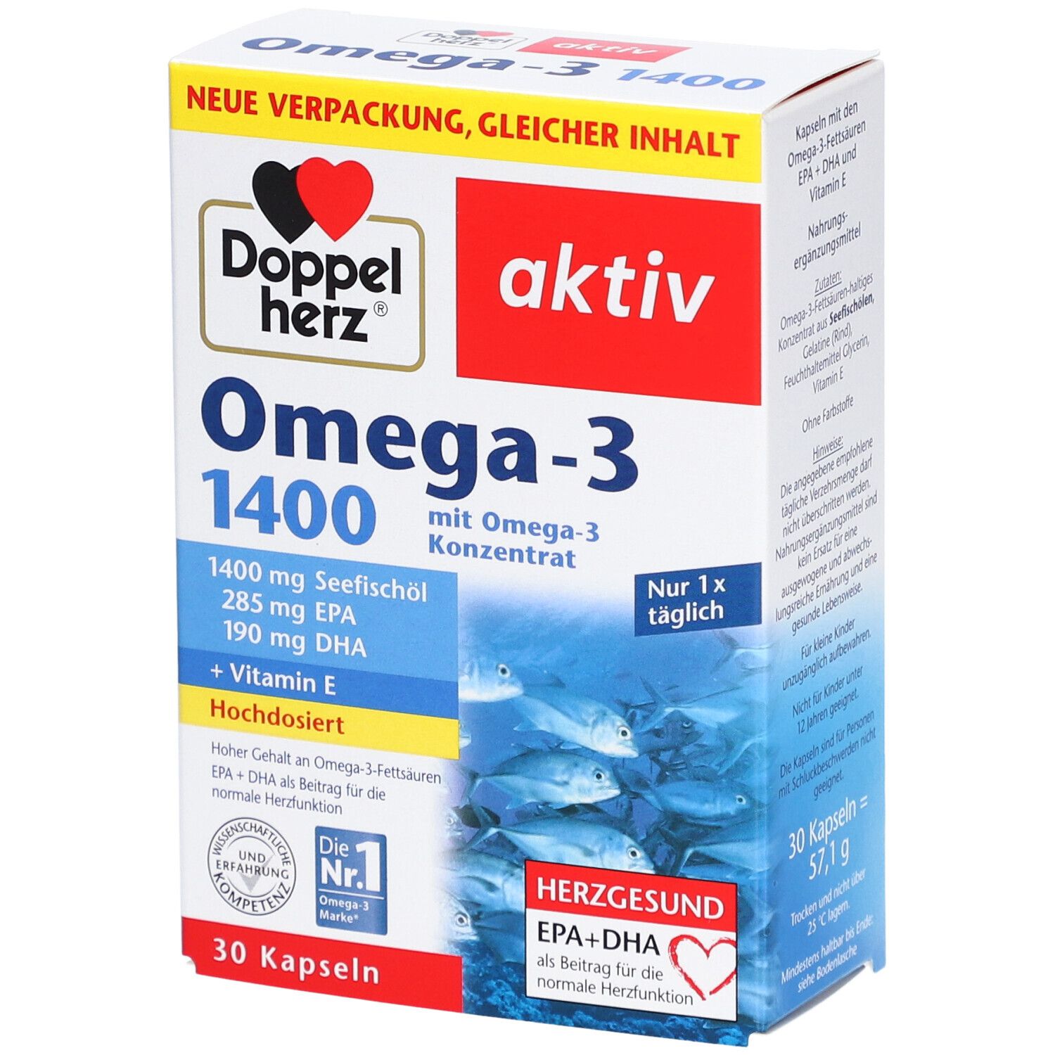 Schachtel mit Omega-3-Kapseln. Aufschrift: Doppelherz aktiv Omega-3 1400. Enthält 30 Kapseln.