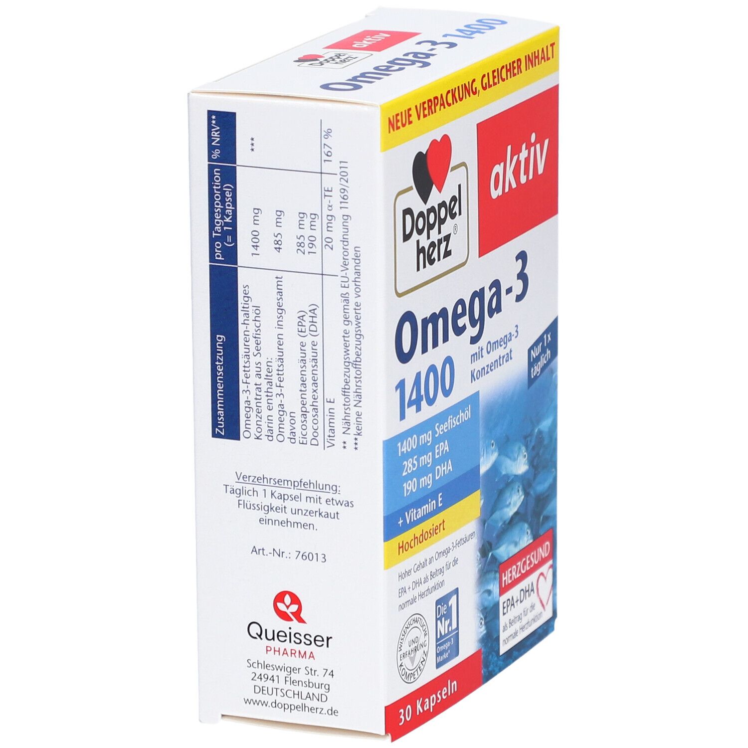 Schachtel mit Omega-3-Kapseln. Aufschrift: Doppelherz aktiv Omega-3 1400. Seitenansicht mit Inhaltsangaben.