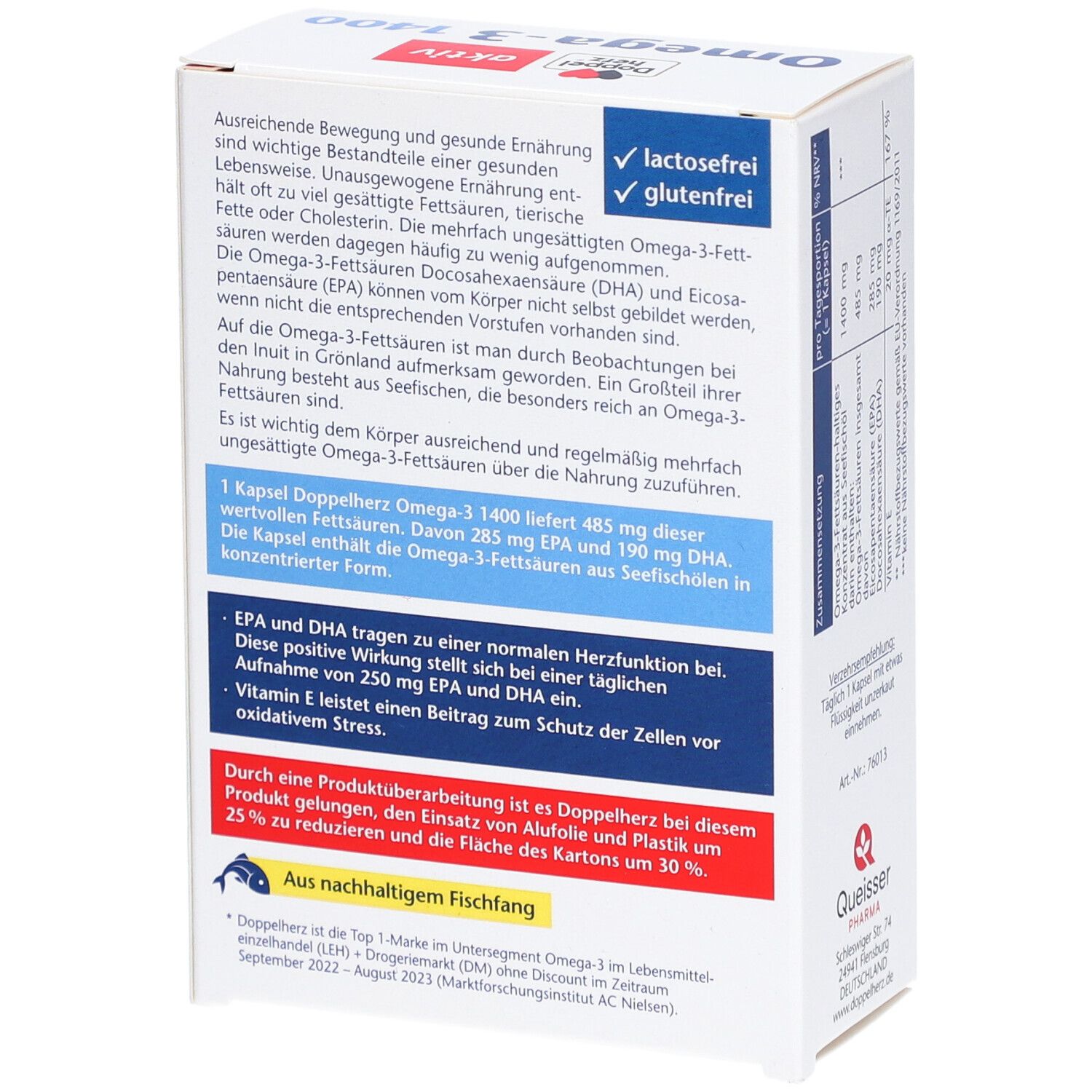 Rückseite der Omega-3-Kapsel-Schachtel. Text über gesunde Ernährung, Laktose- und glutenfrei.