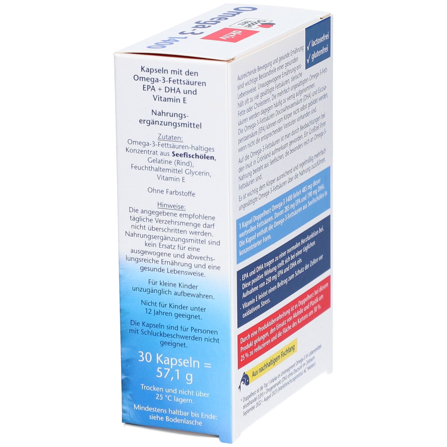 Seitenansicht der Omega-3-Kapsel-Schachtel. Enthält Informationen zu Inhaltsstoffen und Anwendung.