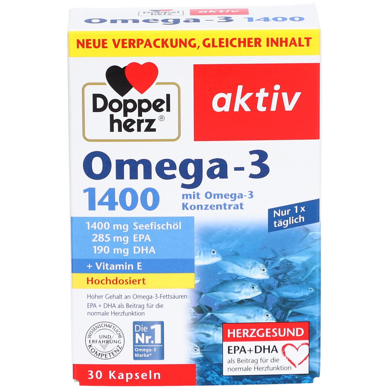 Schachtel mit Omega-3-Kapseln. Aufschrift: Doppelherz aktiv Omega-3 1400. Enthält 30 Kapseln.