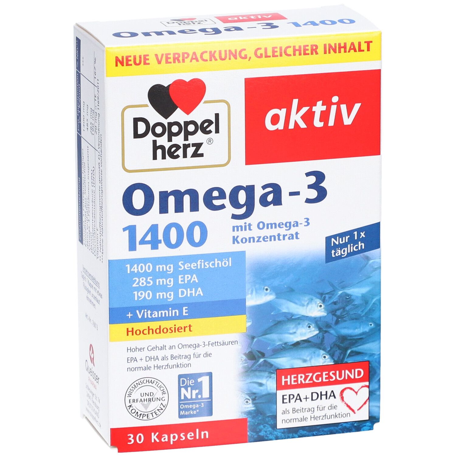Schachtel mit Omega-3-Kapseln. Aufschrift: Doppelherz aktiv Omega-3 1400. Enthält 30 Kapseln.