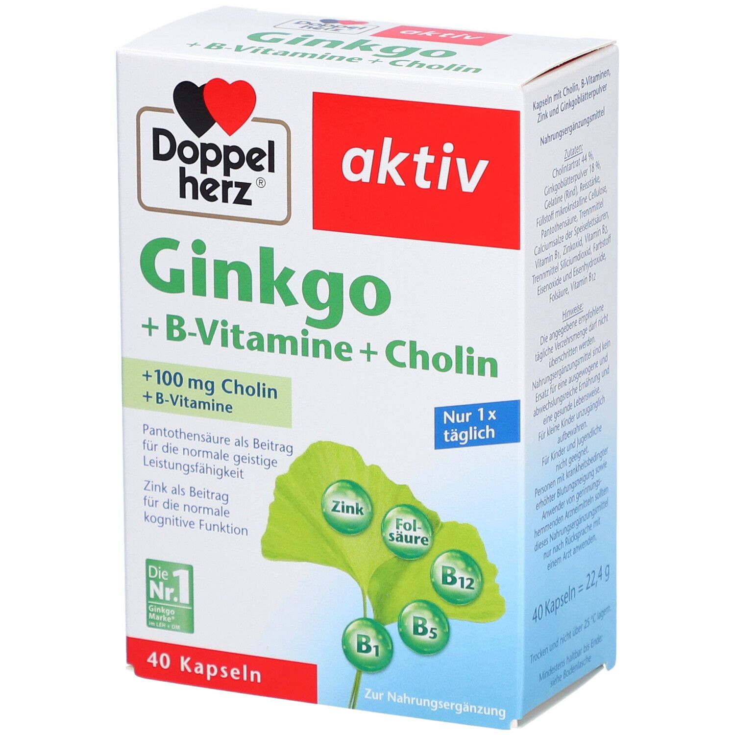Verpackung von Doppelherz Ginkgo + B-Vitamine + Cholin. Enthält 40 Kapseln. Aufschrift: aktiv, Ginkgo + B-Vitamine + Cholin.