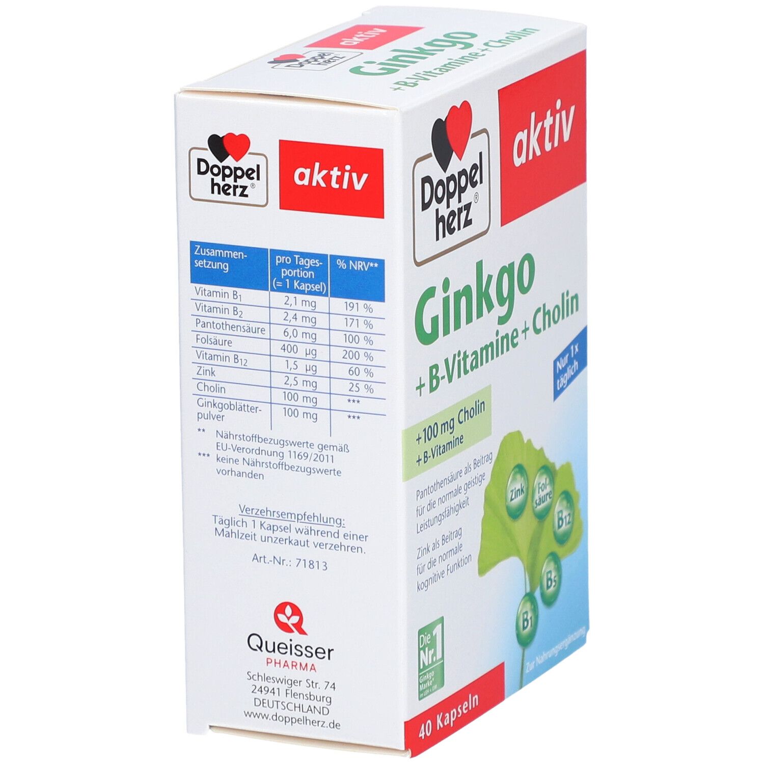 Verpackung von Doppelherz Ginkgo + B-Vitamine + Cholin. Enthält 40 Kapseln. Aufschrift: aktiv, Ginkgo + B-Vitamine + Cholin. Nährwertangaben.