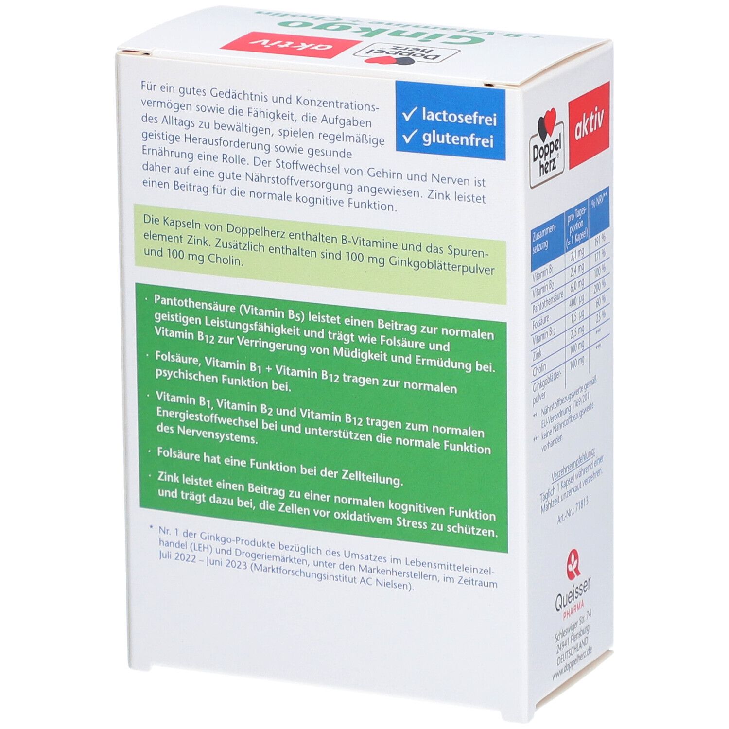 Verpackung von Doppelherz Ginkgo + B-Vitamine + Cholin. Enthält 40 Kapseln. Aufschrift: aktiv, Ginkgo + B-Vitamine + Cholin. Text über Inhaltsstoffe und Wirkung.