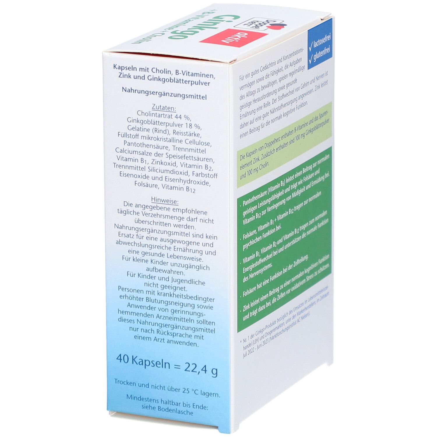 Verpackung von Doppelherz Ginkgo + B-Vitamine + Cholin. Enthält 40 Kapseln. Aufschrift: aktiv, Ginkgo + B-Vitamine + Cholin. Zutatenliste und Hinweise.