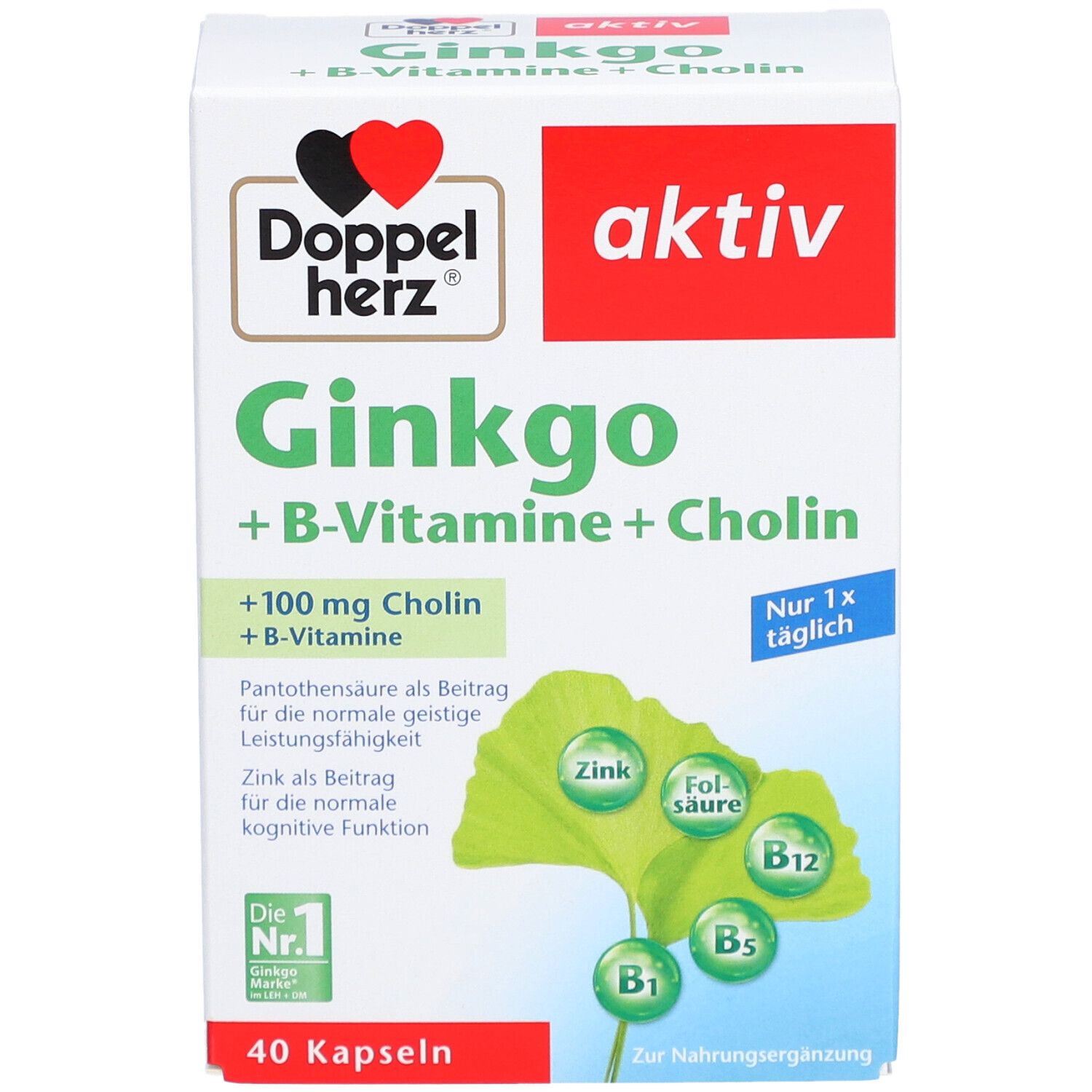 Verpackung von Doppelherz Ginkgo + B-Vitamine + Cholin. Enthält 40 Kapseln. Aufschrift: aktiv, Ginkgo + B-Vitamine + Cholin.