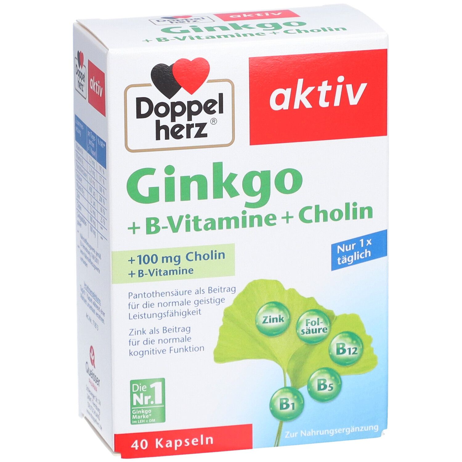 Verpackung von Doppelherz Ginkgo + B-Vitamine + Cholin. Enthält 40 Kapseln. Aufschrift: aktiv, Ginkgo + B-Vitamine + Cholin.