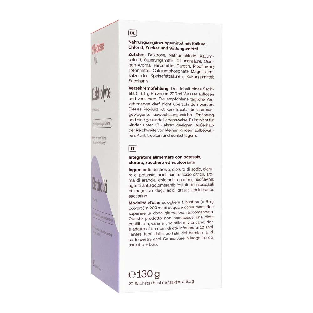 Rückseite der Elektrolyte-Verpackung. Text in Deutsch und Italienisch. Zutaten, Nährwerte, Anwendungshinweise.