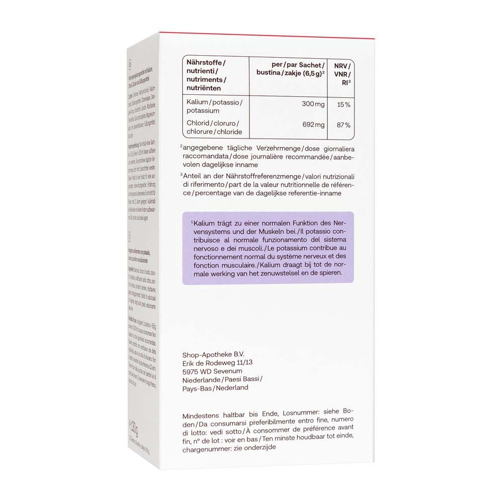 Rückseite der Elektrolyte-Verpackung. Text in Deutsch und Italienisch. Nährwertangaben, Inhaltsstoffe, Herstellerinformationen.