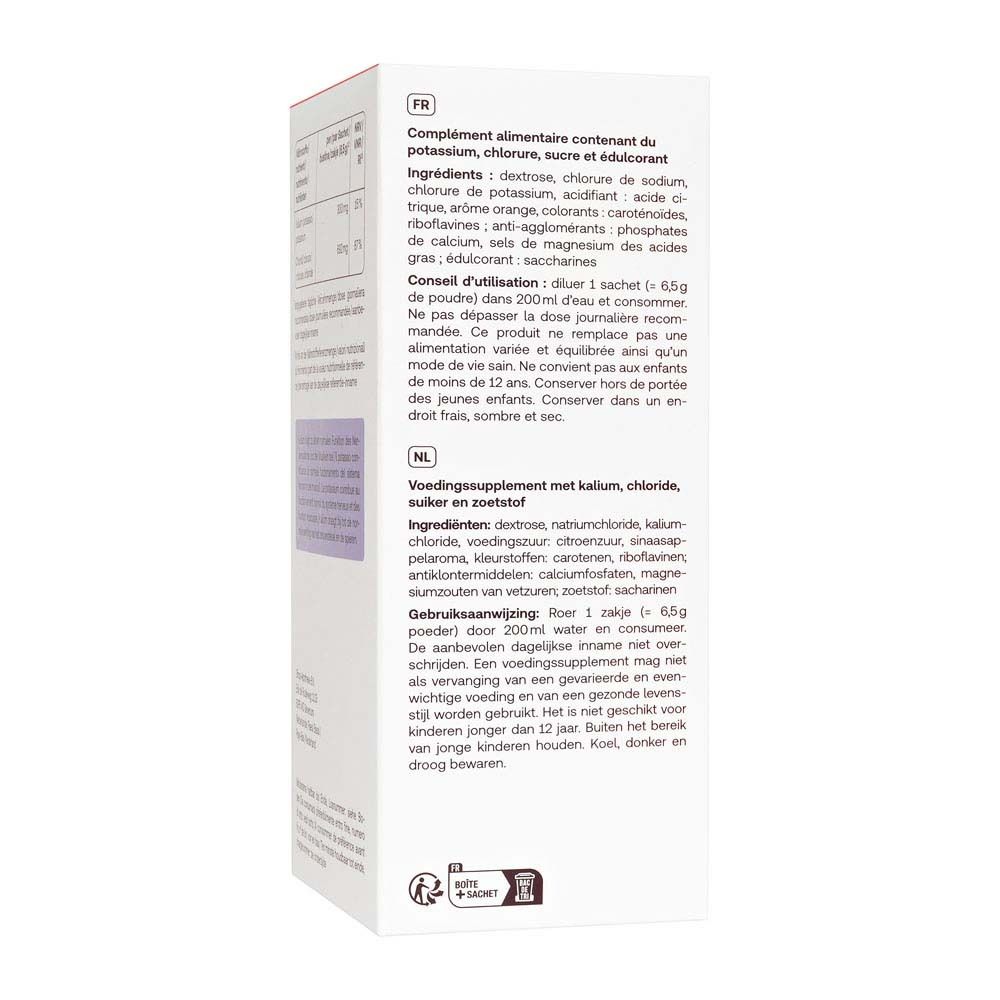 Rückseite der Elektrolyte-Verpackung. Text in Französisch und Niederländisch. Inhaltsstoffe, Anwendungshinweise, Nährwerte.