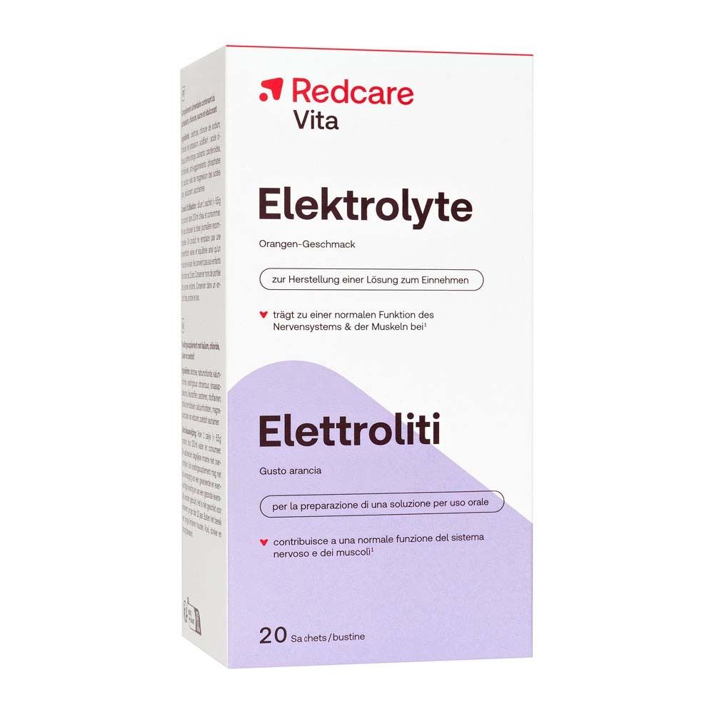 Verpackung mit Elektrolyte-Pulver. Marke Redcare Vita. Enthält 20 Sachets. Text: Elektrolyte, Orangengeschmack.
