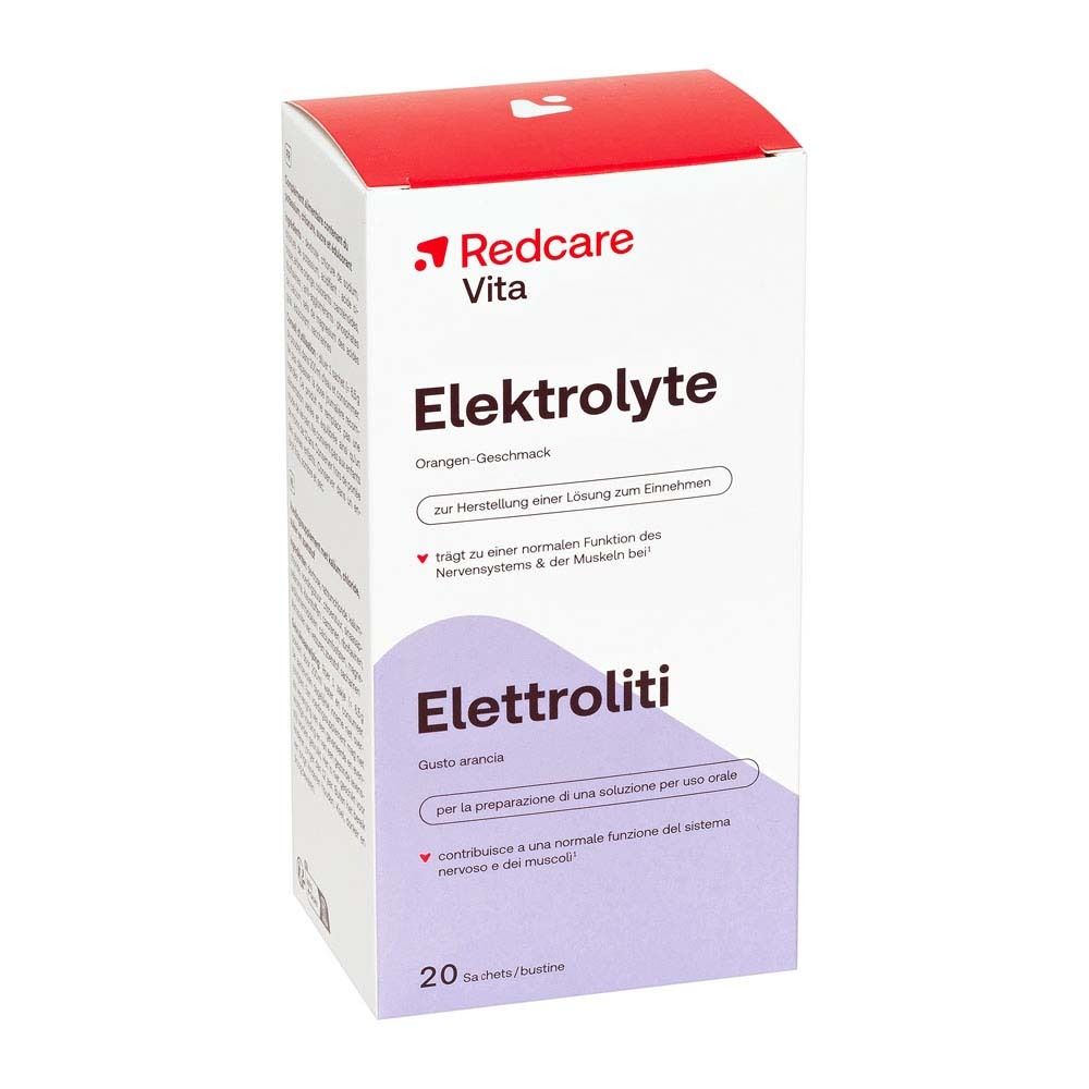 Verpackung mit Elektrolyte-Pulver. Marke Redcare Vita. Enthält 20 Sachets. Text: Elektrolyte, Orangengeschmack.