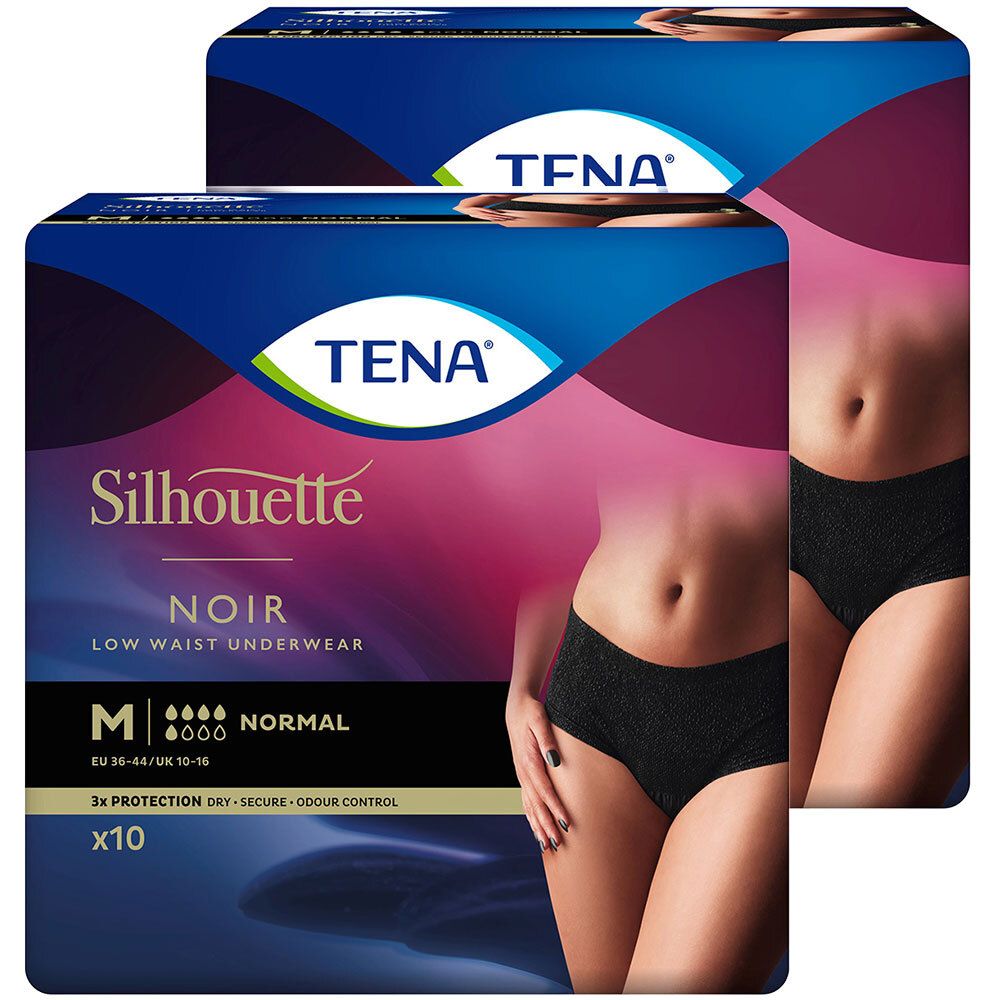 Zwei Packungen TENA Silhouette Noir M Inkontinenz Pants. Schwarze Unterwäsche, Größe M, Normal. Sichtbare Logos und Produktbezeichnungen.