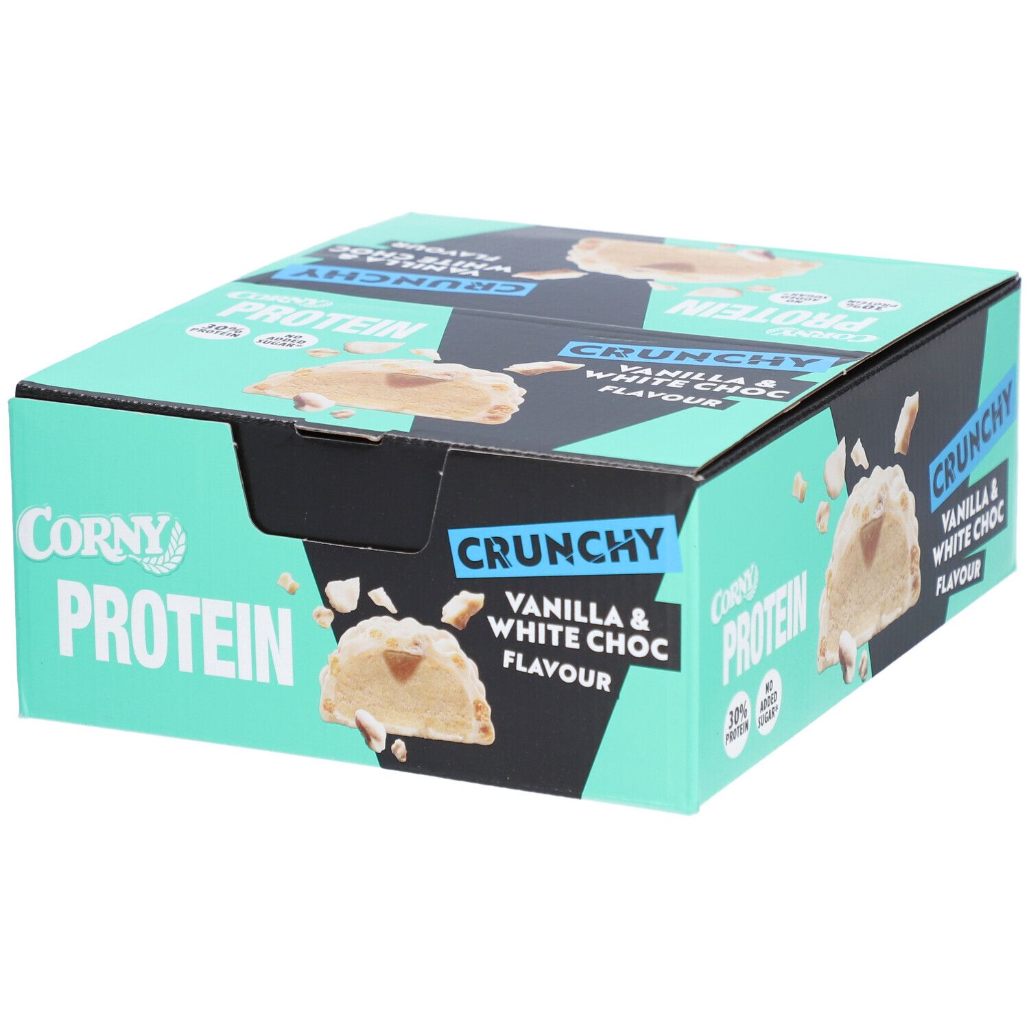 Karton mit CORNY Protein Crunchy Vanilla & White Choc. Aufdruck: 30% Protein, Crunchy, Vanilla & White Choc Flavour.