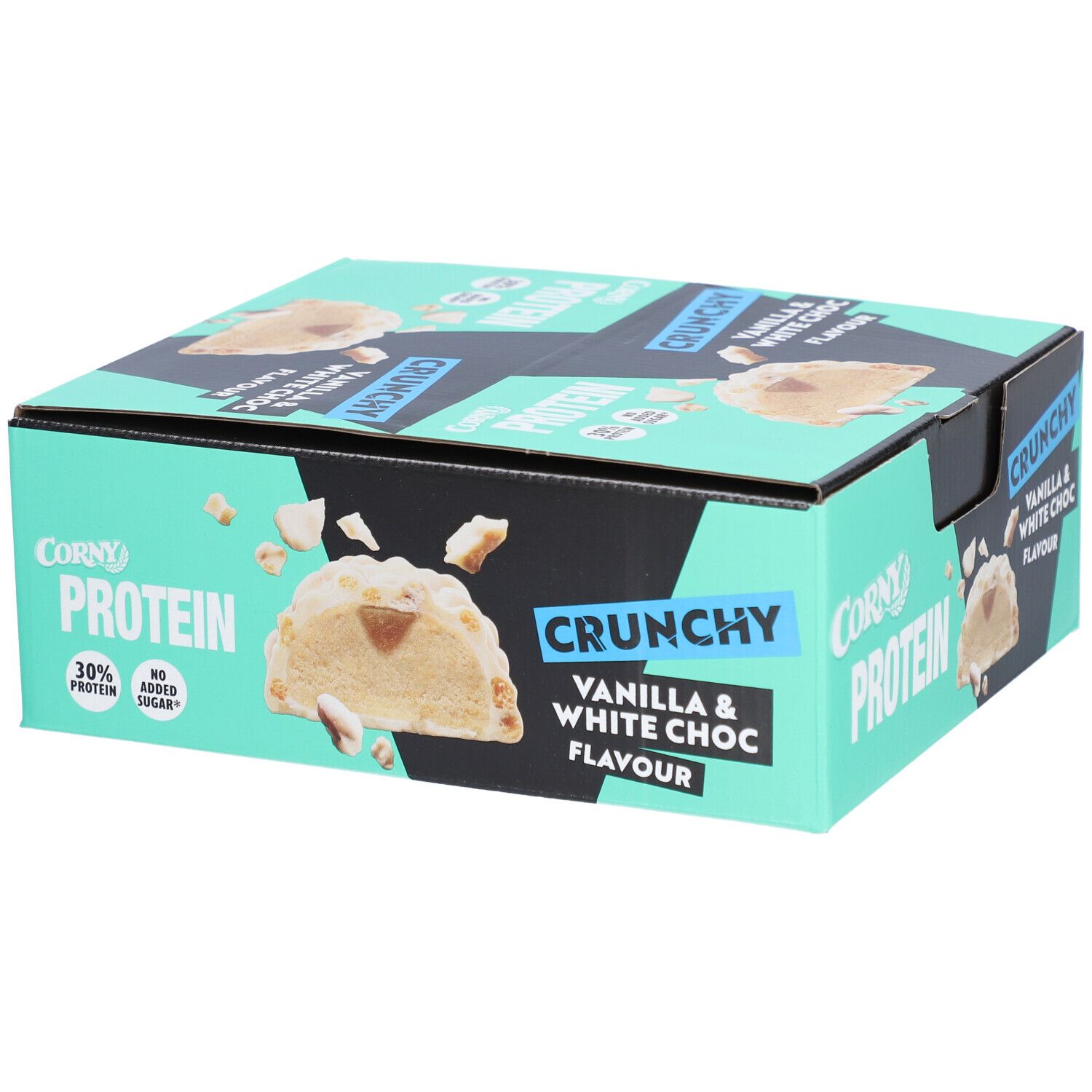 Karton mit CORNY Protein Crunchy Vanilla & White Choc. Aufdruck: 30% Protein, Crunchy, Vanilla & White Choc Flavour.
