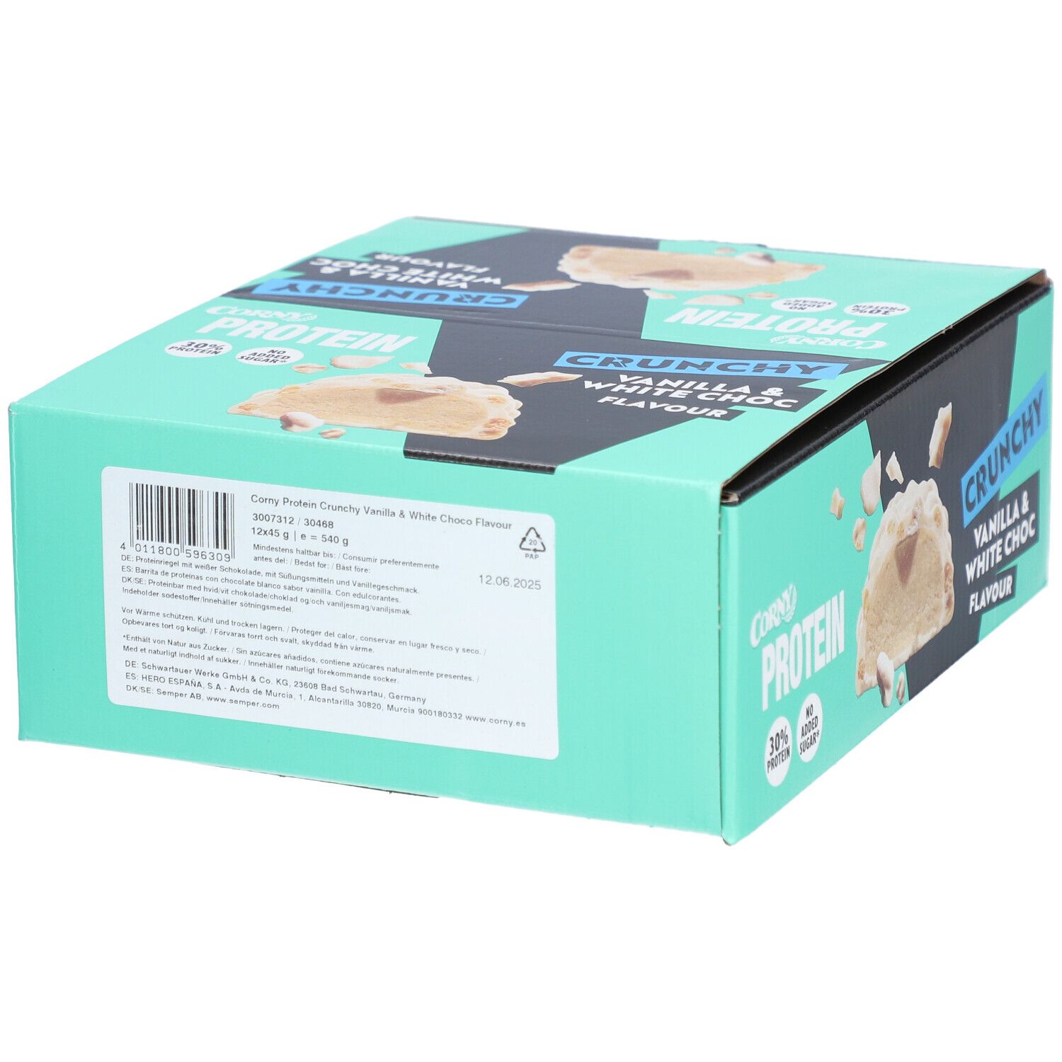 Karton mit CORNY Protein Crunchy Vanilla & White Choc. Aufdruck: 30% Protein, Crunchy, Vanilla & White Choc Flavour. Rückseite mit Text.