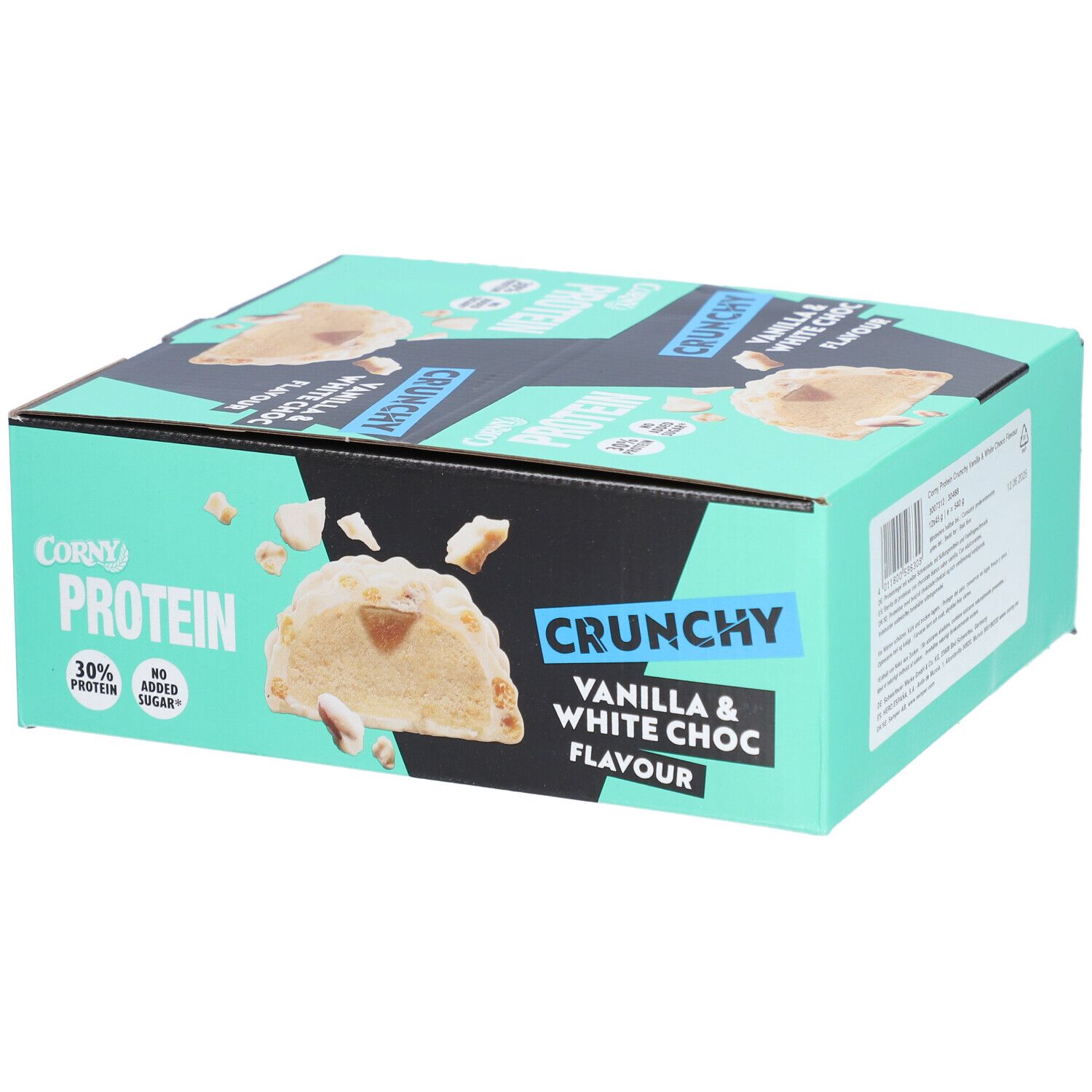 Karton mit CORNY Protein Crunchy Vanilla & White Choc. Aufdruck: 30% Protein, Crunchy, Vanilla & White Choc Flavour.