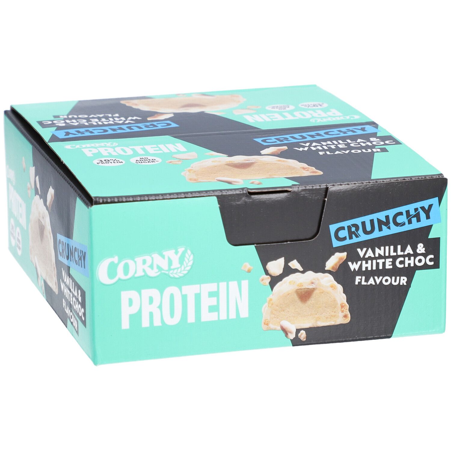 Karton mit CORNY Protein Crunchy Vanilla & White Choc. Aufdruck: 30% Protein, Crunchy, Vanilla & White Choc Flavour.